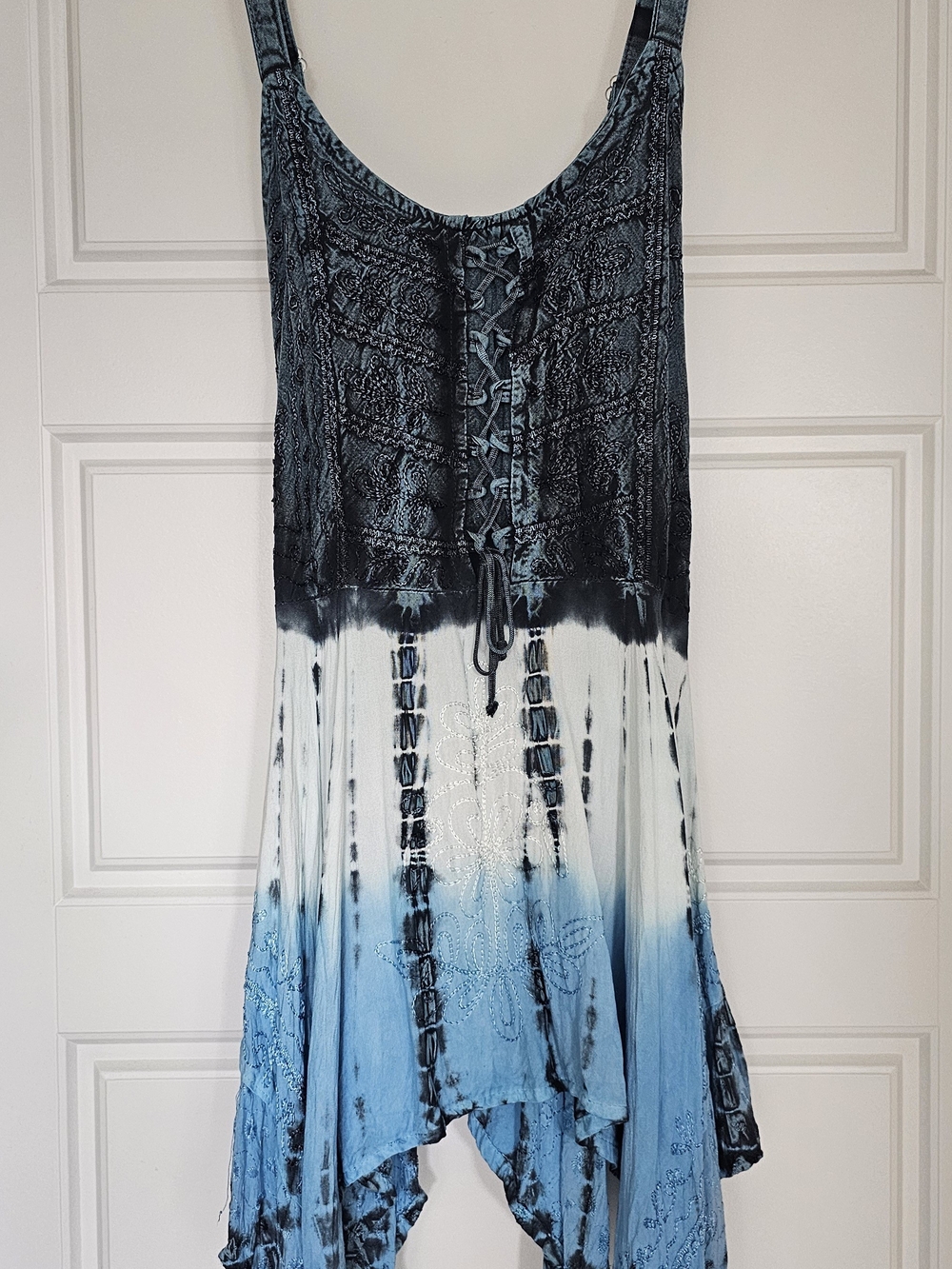New Women's Blue and White Tie-Dye Asymmetrical Handkerchief Hem Top. One Size